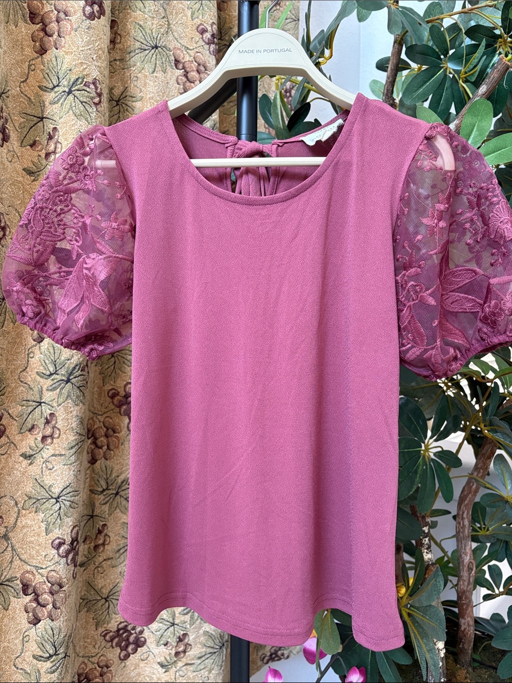 Sheer-Embroidered Puff-Sleeve Blouse — Rose Pink